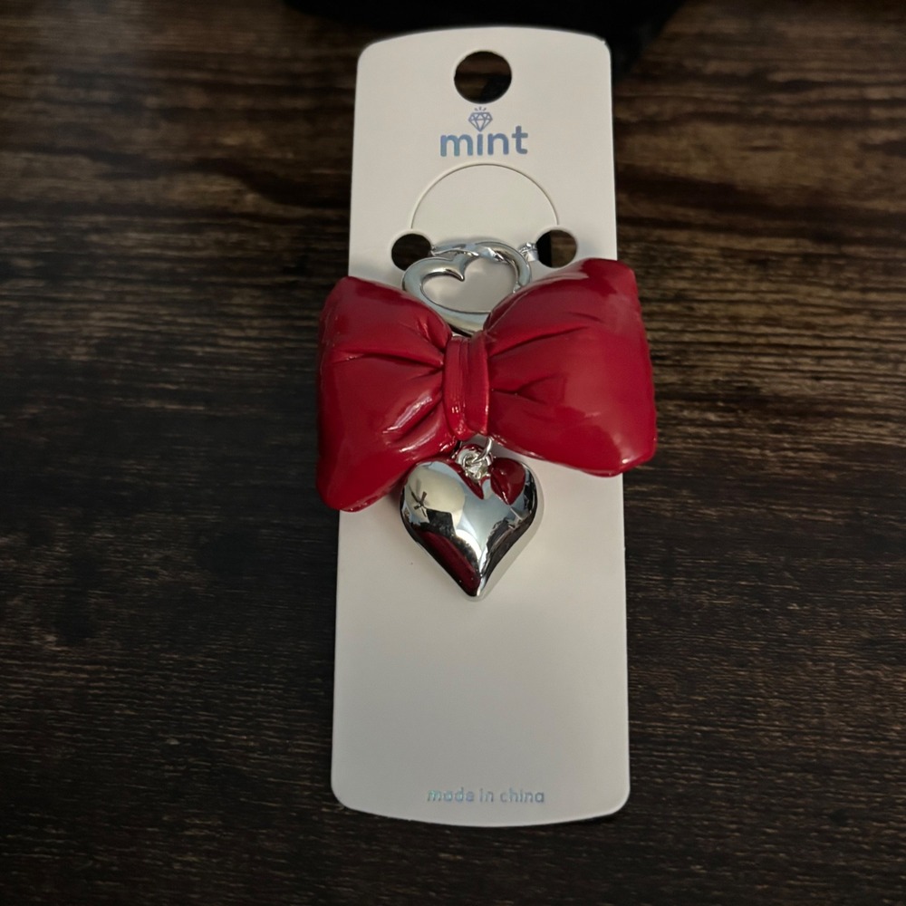 Red Bow Keychain Silver Heart Charm Patent Faux Leather Bag Accessory